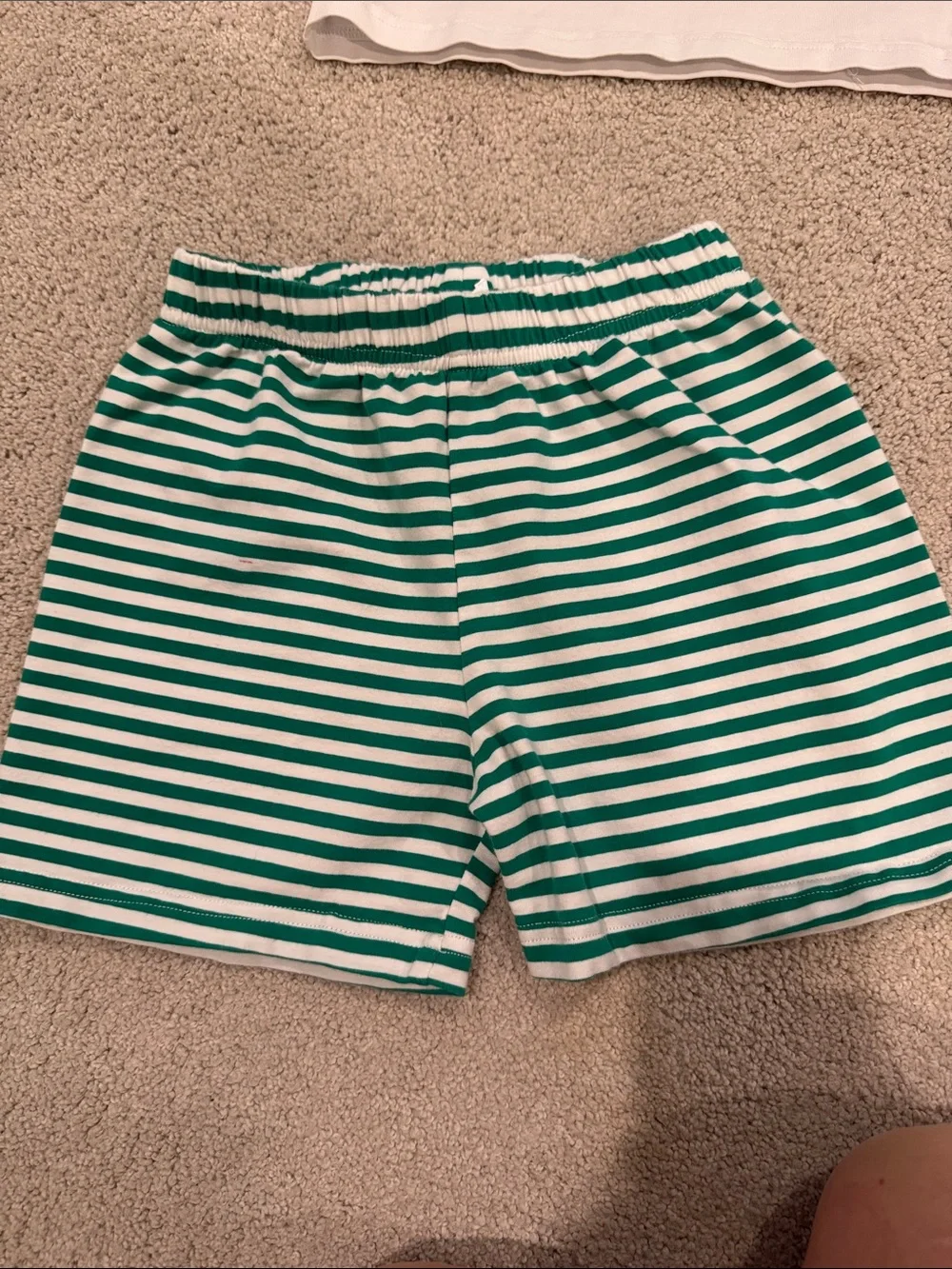 White Tool Appliqué Kids Matching Set with Green Striped Shorts